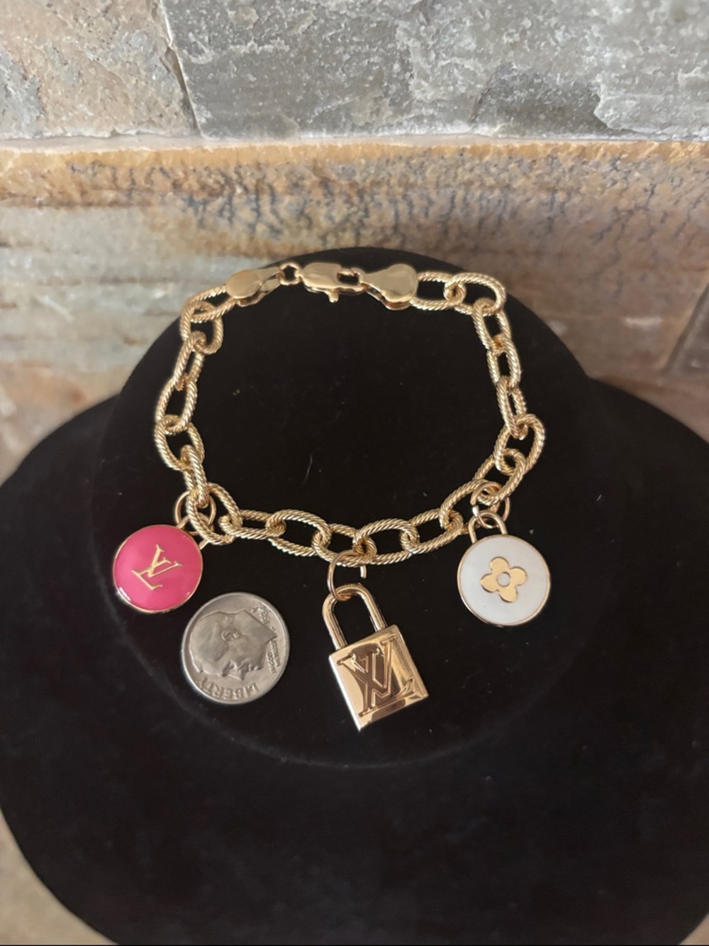 Gold Charm LV Padlock Bracelet with Pink and White Skittles - Picture 4 of 4